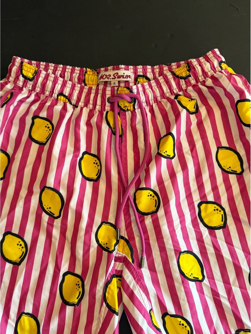 Mr. Swim Men's XL Pink and White Striped Swim Shorts with Yellow Lemon Print